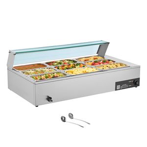 Scaldavivande Elettrico in Acciaio Inox da 1500W con Coperchio in Vetro e 9 Vaschette per Buffet Bain Marie - Controllo Manuale della Temperatura - Product Image 1