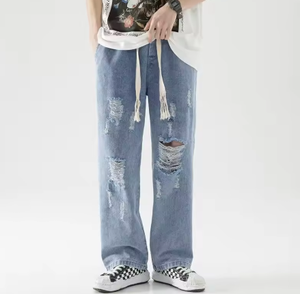 Jean déchiré tendance pour homme, coupe large et droite, style américain, décontracté, taille élastique, longueur cheville - Product Image 4