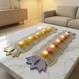 Chemin de table Diwali fait main avec mosaïque de miroirs, porte-bougie Diya floral, décoration bohème pour la maison, tissu écologique de luxe pour baptême - Product Image 2