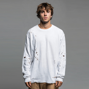 Camiseta de Gran Tamaño para Hombre, de Alta Calidad, Estilo Desgastado, Color Sólido, Algodón Ligero, Manga Larga, Corte Holgado - Product Image 1