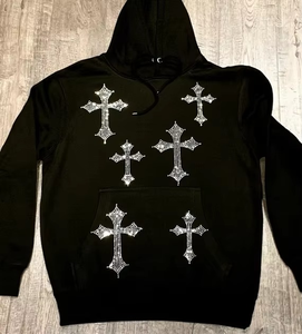 Wholesale 2026 Custom Men's <b>Black</b> Hooded Knitted Sweatshirt Rhinestone Angel <b>Wings</b> Back Print Regular Fit Casual Winter Wear - Product Image 2