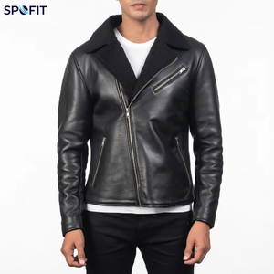 Chaqueta de Moto Personalizada de Cuero Genuino con Forro de Piel Sintética, Cierre de Cremallera, Cuello Plegable, Resistente al Viento, para Otoño - Product Image 1
