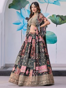 Bohemian Embroidered Silk <b>Lehenga</b> Set V-Neck Crop Top A-Line Floor-Length Skirt Black Pink Floral Print Classic Lace-Up Back - Product Image 3