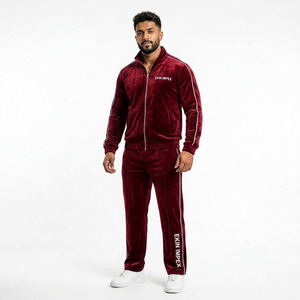 Conjunto Deportivo de Terciopelo Borgoña para Hombre, Dos Piezas, 100% Poliéster, Impermeable, Transpirable, Cintura Elástica, Marca Personalizada, Venta al Por Mayor - Product Image 1