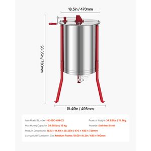 Estrattore di Miele Manuale a 6 Telaini con Coperchio Trasparente, Tamburo in Acciaio Inossidabile, Altezza Regolabile per Macchine Lavorazione Miele - Product Image 4