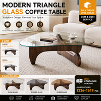 Table basse moderne en verre trempé, base triangulaire arrondie en MDF effet bois pour salon, mobilier en gros