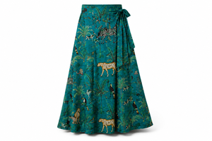 Jupe portefeuille bohème taille naturelle coupe trapèze longueur mi-mollet 100% coton imprimé animal écologique séchage rapide pour femme - Product Image 2