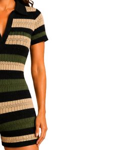 Combinaison en tricot rayée noire, verte et beige pour femme, manches courtes, col polo, été, décontractée, une pièce, coupe ajustée, design personnalisé - Product Image 4