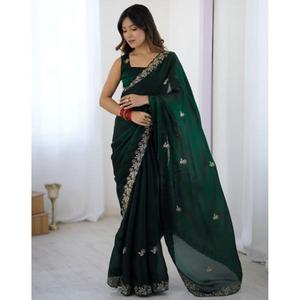 Sari moderne pour femme en tissu satiné doux avec broderie de sequins et motif en relief, séchage rapide, toutes saisons, idéal pour mariages et occasions festives - Product Image 1