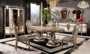 ชุดเฟอร์นิเจอร์ห้องรับประทานอาหารสุดหรูสไตล์ฝรั่งเศส ทำจากไม้สัก งานแกะสลักด้วยมือแบบคลาสสิก 9 ชิ้น โต๊ะรับประทานอาหารสีเงินรอยัล 8 ที่นั่ง - Product Image 2