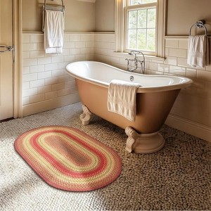 Oval Braided Jute Area <b>Rug</b> Red Beige Striped Farmhouse Style Non-Slip Rubber Backing Living Room <b>Rug</b> - Product Image 2