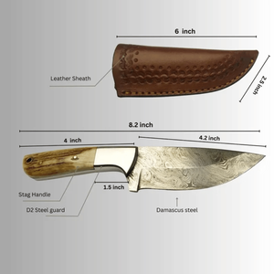 Cuchillo de Caza y Camping de Acero de Damasco Premium OEM con Mango de Cuerno de Ciervo y Funda de Cuero para EE. UU. y Europa - Product Image 1