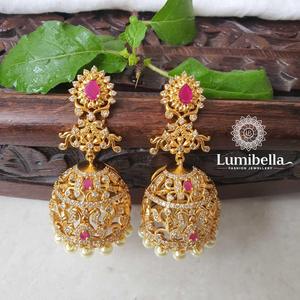 Ruby Jhumkas Bridal Drop Earrings-18K Gold Plated Zircon & Pearl Chandelier Style - Product Image 1