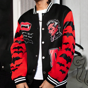 Chaqueta Varsity Gráfica para Hombre, Chaqueta Bomber Negra con Mangas Rojas y Estampado Personalizado, Uniforme de Béisbol Bordado Estilo Hip Hop - Product Image 1