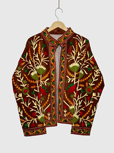 Floral Embroidered Velvet Jacket Mandarin Collar Full Sleeve Plus Size Women'<b>s</b> Prairie Chic Autumn Style - Product Image 1