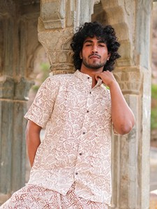Men Hand block Kalamkari Printed Cotton Short Kurta <b>Shirt</b> Casual Summer Wear Slim Fit Mandarin Collar <b>Half</b> Sleeves Ethnic Top - Product Image 2