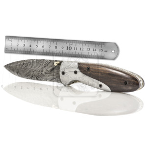 Wholesale Custom Stainless Steel Bolsters Walnut Wood Handle Damascus Steel Drop Point Pocket Knife Cow Leather Sheath Handmade - Product Image 5