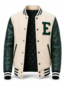 Veste universitaire unisexe en laine/polyester verte, manches longues, hiver, lettre E brodée sur le devant, style preppy, col rabattu, coupe classique - Product Image 3