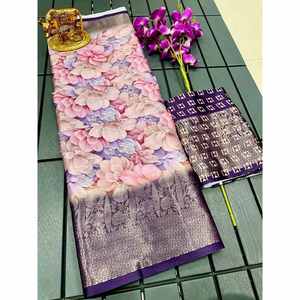 DESIGNER KANCHI IMPRIMÉ EN SOIE AVEC JACQUARD ZARI BORDER WORK SAREE AVEC BLOUSE NON COUCHÉE VIOLET - Product Image 1