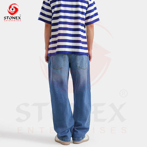 Jean en denim bleu clair coupe droite pour homme, classique, cinq poches, décontracté, en coton délavé, vente en gros personnalisée - Product Image 2