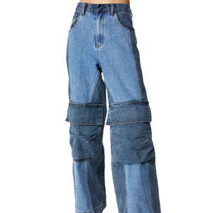 Prix de gros : Jean cargo en denim respirant à coupe droite et jambe large, personnalisé, de haute qualité, pour femme, grande taille, hiver, color block - Product Image 2