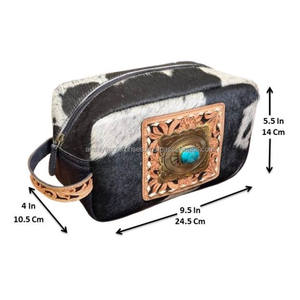 Trousse de toilette de voyage en cuir usiné à la main de haute qualité personnalisée, trousse de maquillage en cuir de vachette véritable pierre turquoise - Product Image 2