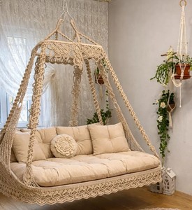 Boho <b>Macrame</b> Double Swing Chair | Beige Handmade Hanging Swing | Garden & Veranda Swing with Cushions - Product Image 2