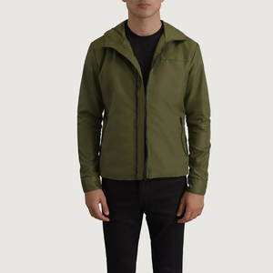 Men's Olive Green Hooded Zippered Jacket Lightweight Casual Outerwear Slim Fit - Product Image 1