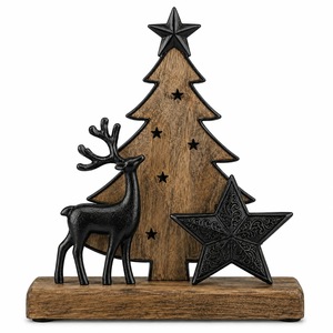 Sculpture de sapin de Noël rustique en bois avec décor de rennes et d'étoiles argentés pour une présentation sur table - Product Image 2