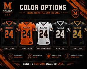 Maillot de football américain personnalisé Malvan Enterprises, unisexe, noir et orange, col baseball, manches courtes, imprimé par transfert thermique - Product Image 4
