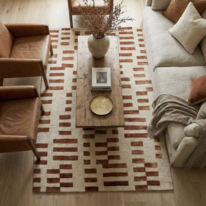 Tapis en laine tufté à la main, motif abstrait, écologique, épais, couleur crème et rouille, pour salon - Product Image 5