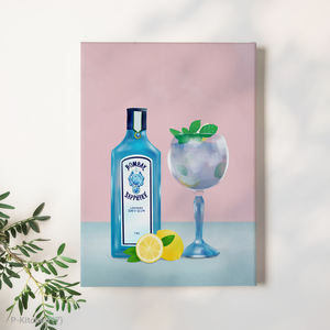 ภาพศิลปะบนผืนผ้าใบสำหรับตกแต่งห้องครัว, โปสเตอร์ภาพประกอบขวดบลูจินและเครื่องดื่มรสส้ม, ภาพพิมพ์ตกแต่งผนังสไตล์โมเดิร์นสำหรับเครื่องดื่ม - Product Image 1