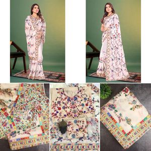 Sari indio de boutique de georgette de visón pesado con bordado multicolor, trabajo de hilo de primera calidad, tradicional para bodas, fiestas, verano e invierno. - Product Image 6