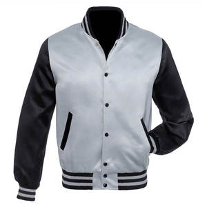Veste universitaire décontractée pour homme en satin argenté imperméable 100 % polyester 280g, coupe régulière, col montant, garniture noire, fermeture à boutons corne - Product Image 4