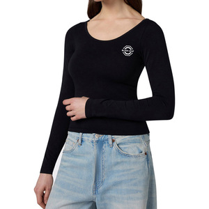 Women's <b>Black</b> Square Collar <b>Long</b> <b>Sleeve</b> <b>Crop</b> <b>Top</b> Slim Fit Knitted Solid Color Minimalist Style All Seasons Wear - Product Image 4