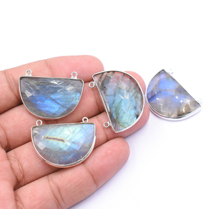 Labradorite Half Round Faceted Gemstone 925 Sterling Silver Bezel Silver Plated Pendant with Bail for Jewelry Making - Product Image 2
