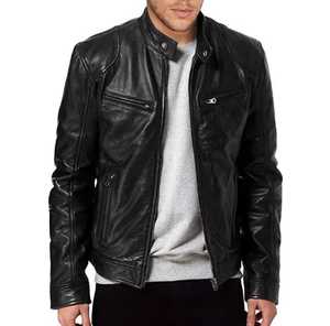 <b>Men's</b> Genuine <b>Leather</b> Waterproof Moto <b>Jacket</b> Stand Collar Zipper Closure Slim Fit Autumn Style Solid Color Finished Front Logo - Product Image 4