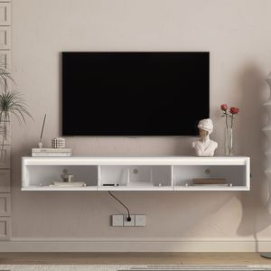 Mobile TV Sospeso Bianco da Parete per Soggiorno con Luci LED e Presa di Corrente Integrata - Design a Scaffale Flottante - Product Image 4