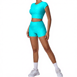 Conjunto de Yoga de Dos Piezas Verde Sólido, Transpirable, con Logotipo en la Parte Delantera, Shorts de Cintura Alta, Spandex/Nylon, Ropa Deportiva para Mujer - Product Image 6