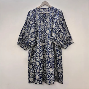 Vestido Casual Midi de Algodón Tejido con Estampado Floral para Mujer, Mangas Abullonadas, Cintura Imperio, Estilo Babydoll, Cuello en V, Corte Holgado - Product Image 1