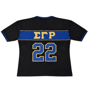 Camiseta Deportiva Premium SGRho Negra, Azul Rey y Dorada, Manga Corta, Número 22, Diseño Gráfico a Rayas, para Hermandades, Equipos Universitarios - Product Image 2
