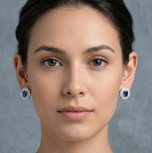 S925 Sterling Silver <b>Blue</b> Sapphire <b>Stud</b> <b>Earrings</b> Halo Oval Ear <b>Studs</b> for Women Wedding Party Jewelry - Product Image 1