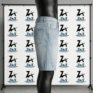 Custom Rhinestone <b>Light</b> Wash Denim Jorts Streetwear Vintage Distressed Jean Shorts Loose Fit Embellished Summer Denim Shorts - Product Image 5