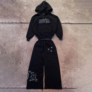 Custom Black Acid Washed 100% Cotton Breathable Quick Dry Eco-Friendly Streetwear Pullover <b>Hoodie</b> Wide Leg Sweatpants Set for - Product Image 6