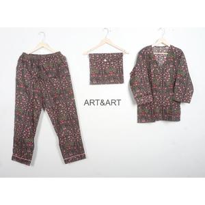 ART&ART Conjunto de Pijama Elegante de Algodón Floral de 3 Piezas para Mujer, Manga Larga, Cuello en V, Ropa de Dormir Informal, Cintura Elástica, Largo hasta el Tobillo, Secado Rápido - Product Image 1