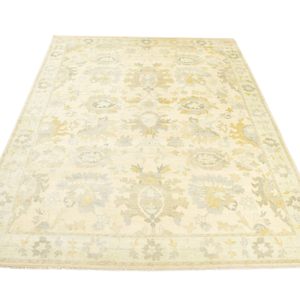 Tapis Oushak en laine noué à la main, crème ivoire or gris, motif floral médaillon, style vintage, poils ras - Product Image 4