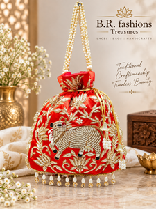 B.R. Bolsa de Cordón con Bordado de Vaca en Seda Roja de Lujo, con Borlas de Perlas, Hecha a Mano con Artesanía Tradicional - Product Image 1