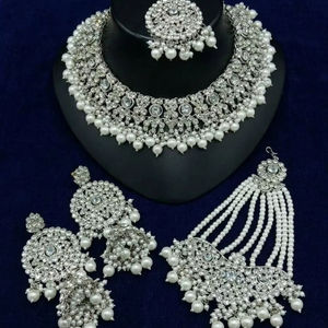 Gold <b>Pearl</b> Bridal Shadow Choker <b>Necklace</b> <b>Set</b> Earrings Maang Tikka Ethnic Trendy Handmade High Quality Latest Wedding Party - Product Image 1