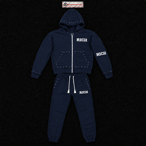 Ensemble de survêtement bleu marine pour homme, sweat à capuche entièrement zippé à clous, pantalon de jogging, logo personnalisé, streetwear, vêtements de sport décontractés, tenue de sport en gros - Product Image 5