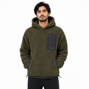 Custom Mens Olive <b>Sherpa</b> <b>Fleece</b> Utility Hoodie Heavy Winter Pullover with Pockets OEM Apparel Manufacturer - Product Image 1